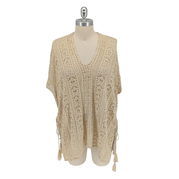 Sweaters - 11565 Women's Crochet Poncho Sweater Cream OS bohemian cottagecore western